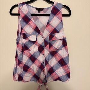 Rock & Republic Women's M‎ Plaid Sleeveless Button Tie Front Top. Thin flannel
